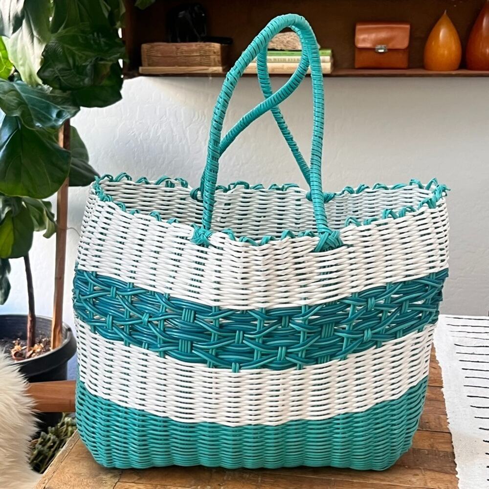 Handwoven Beach Tote Bag 16.5" Large Recycled Plastic White & Teal Carryall
